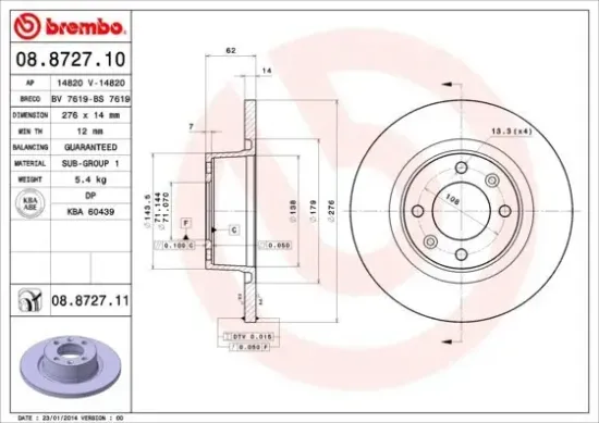 Bremsscheibe Hinterachse BREMBO 08.8727.11 Bild Bremsscheibe Hinterachse BREMBO 08.8727.11