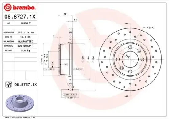 Bremsscheibe Hinterachse BREMBO 08.8727.1X Bild Bremsscheibe Hinterachse BREMBO 08.8727.1X