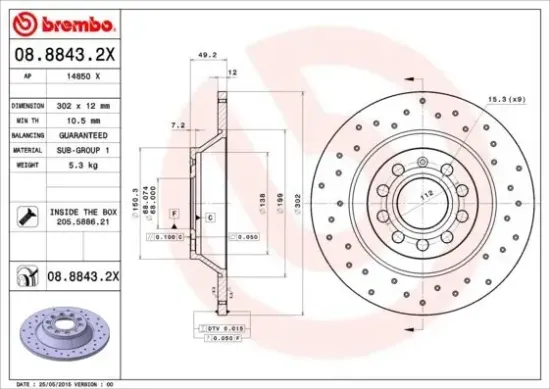Bremsscheibe Hinterachse BREMBO 08.8843.2X Bild Bremsscheibe Hinterachse BREMBO 08.8843.2X