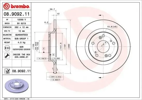 Bremsscheibe Hinterachse BREMBO 08.9092.11 Bild Bremsscheibe Hinterachse BREMBO 08.9092.11