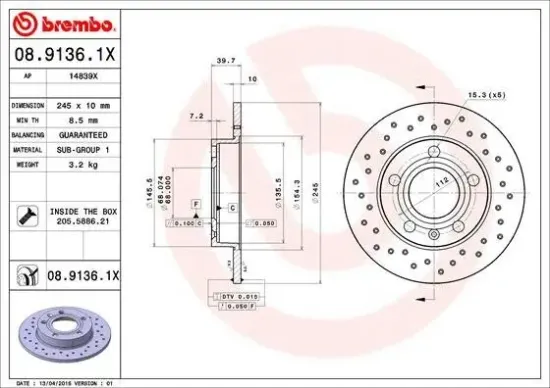 Bremsscheibe Hinterachse BREMBO 08.9136.1X Bild Bremsscheibe Hinterachse BREMBO 08.9136.1X