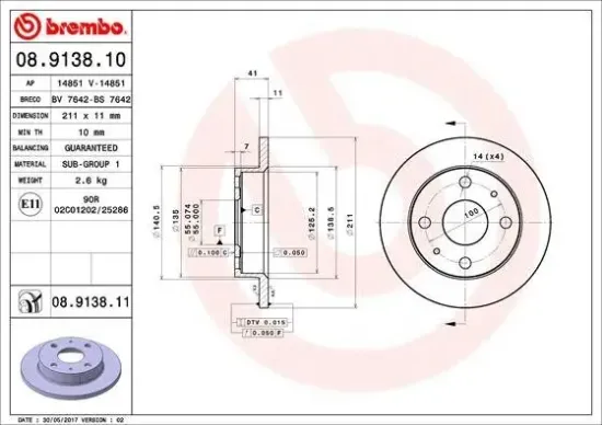Bremsscheibe Vorderachse BREMBO 08.9138.10 Bild Bremsscheibe Vorderachse BREMBO 08.9138.10