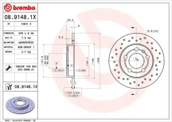 Bremsscheibe Hinterachse BREMBO 08.9148.1X Bild Bremsscheibe Hinterachse BREMBO 08.9148.1X