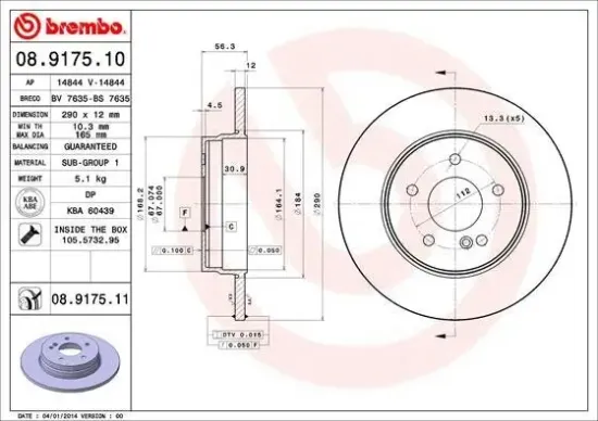 Bremsscheibe Hinterachse BREMBO 08.9175.11 Bild Bremsscheibe Hinterachse BREMBO 08.9175.11