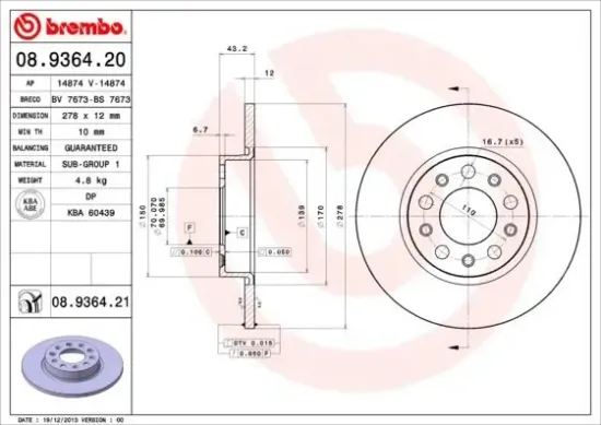Bremsscheibe Hinterachse BREMBO 08.9364.21 Bild Bremsscheibe Hinterachse BREMBO 08.9364.21