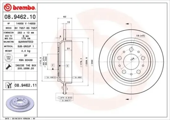 Bremsscheibe Hinterachse BREMBO 08.9462.11 Bild Bremsscheibe Hinterachse BREMBO 08.9462.11