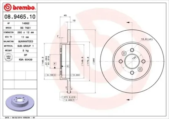 Bremsscheibe Hinterachse BREMBO 08.9465.10 Bild Bremsscheibe Hinterachse BREMBO 08.9465.10