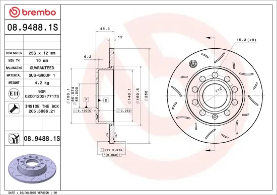 Bremsscheibe Hinterachse BREMBO 08.9488.1S Bild Bremsscheibe Hinterachse BREMBO 08.9488.1S
