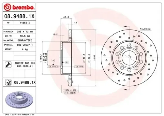 Bremsscheibe Hinterachse BREMBO 08.9488.1X Bild Bremsscheibe Hinterachse BREMBO 08.9488.1X