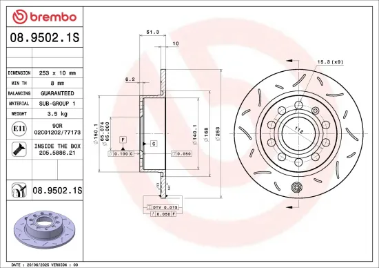 Bremsscheibe Hinterachse BREMBO 08.9502.1S Bild Bremsscheibe Hinterachse BREMBO 08.9502.1S