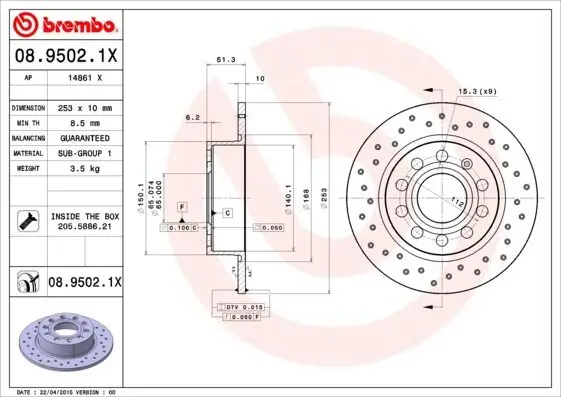 Bremsscheibe Hinterachse BREMBO 08.9502.1X