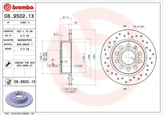 Bremsscheibe Hinterachse BREMBO 08.9502.1X Bild Bremsscheibe Hinterachse BREMBO 08.9502.1X