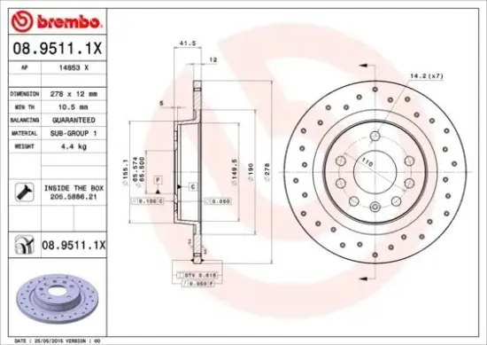Bremsscheibe Hinterachse BREMBO 08.9511.1X Bild Bremsscheibe Hinterachse BREMBO 08.9511.1X