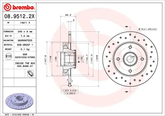 Bremsscheibe Hinterachse BREMBO 08.9512.2X Bild Bremsscheibe Hinterachse BREMBO 08.9512.2X