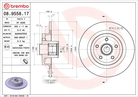 Bremsscheibe Hinterachse BREMBO 08.9558.17 Bild Bremsscheibe Hinterachse BREMBO 08.9558.17