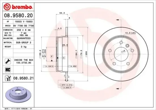 Bremsscheibe Hinterachse BREMBO 08.9580.21 Bild Bremsscheibe Hinterachse BREMBO 08.9580.21