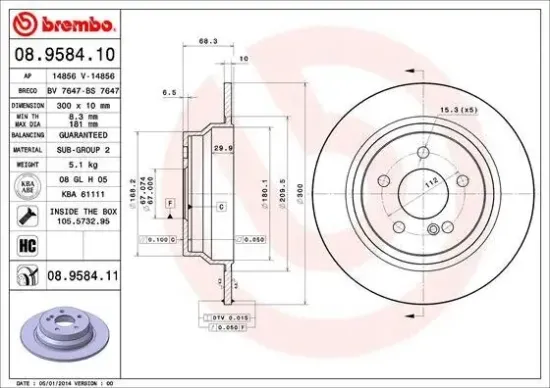 Bremsscheibe Hinterachse BREMBO 08.9584.11 Bild Bremsscheibe Hinterachse BREMBO 08.9584.11