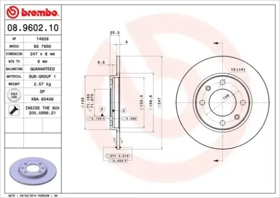 Bremsscheibe Hinterachse BREMBO 08.9602.10 Bild Bremsscheibe Hinterachse BREMBO 08.9602.10