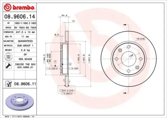 Bremsscheibe Vorderachse BREMBO 08.9606.11 Bild Bremsscheibe Vorderachse BREMBO 08.9606.11