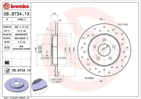 Bremsscheibe Hinterachse BREMBO 08.9734.1X Bild Bremsscheibe Hinterachse BREMBO 08.9734.1X