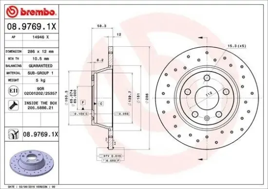 Bremsscheibe Hinterachse BREMBO 08.9769.1X Bild Bremsscheibe Hinterachse BREMBO 08.9769.1X