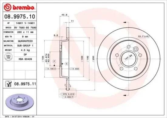 Bremsscheibe Hinterachse BREMBO 08.9975.11 Bild Bremsscheibe Hinterachse BREMBO 08.9975.11