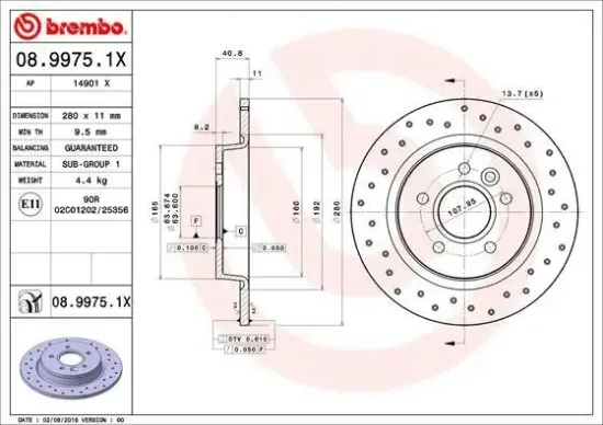 Bremsscheibe Hinterachse BREMBO 08.9975.1X Bild Bremsscheibe Hinterachse BREMBO 08.9975.1X