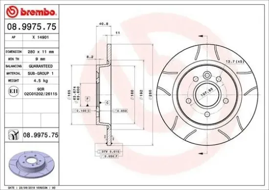 Bremsscheibe Hinterachse BREMBO 08.9975.75 Bild Bremsscheibe Hinterachse BREMBO 08.9975.75