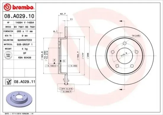 Bremsscheibe Hinterachse BREMBO 08.A029.11 Bild Bremsscheibe Hinterachse BREMBO 08.A029.11