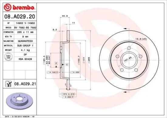 Bremsscheibe Hinterachse BREMBO 08.A029.21 Bild Bremsscheibe Hinterachse BREMBO 08.A029.21