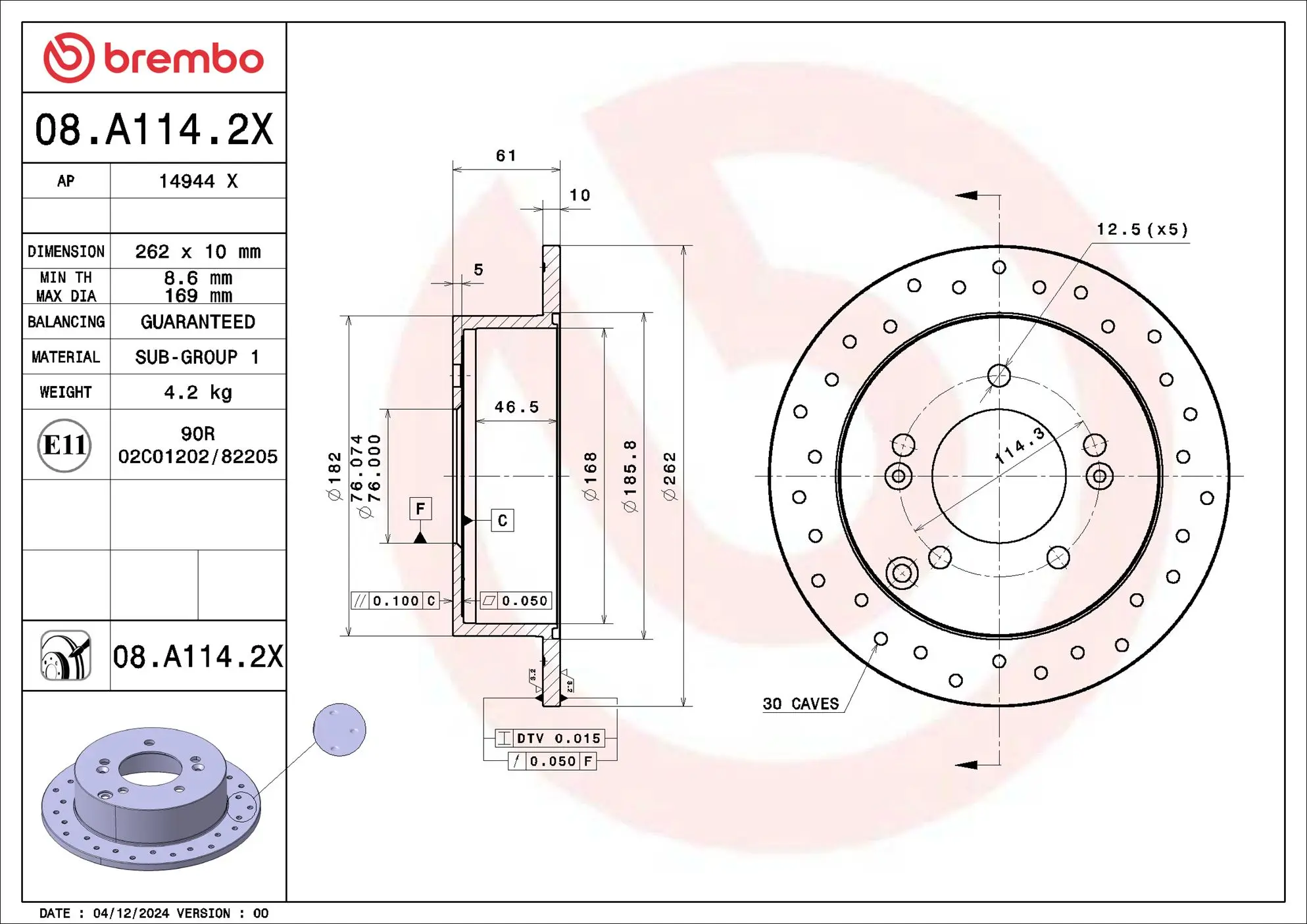 Bremsscheibe Hinterachse BREMBO 08.A114.2X