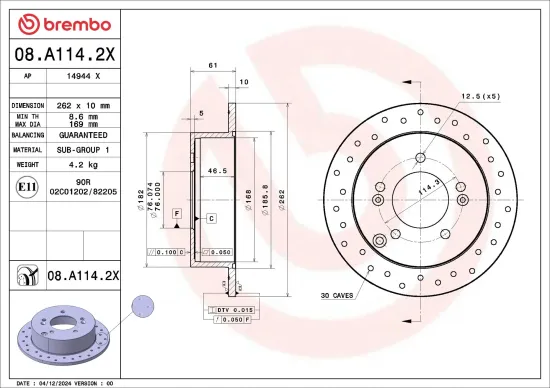 Bremsscheibe Hinterachse BREMBO 08.A114.2X Bild Bremsscheibe Hinterachse BREMBO 08.A114.2X