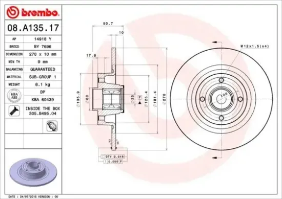 Bremsscheibe BREMBO 08.A135.17 Bild Bremsscheibe BREMBO 08.A135.17