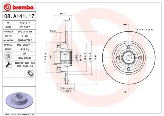 Bremsscheibe BREMBO 08.A141.17 Bild Bremsscheibe BREMBO 08.A141.17