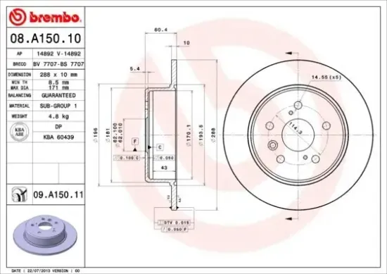 Bremsscheibe Hinterachse BREMBO 08.A150.11 Bild Bremsscheibe Hinterachse BREMBO 08.A150.11