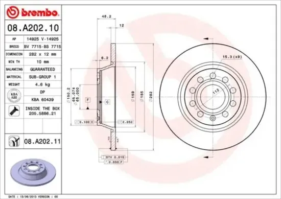 Bremsscheibe Hinterachse BREMBO 08.A202.11 Bild Bremsscheibe Hinterachse BREMBO 08.A202.11