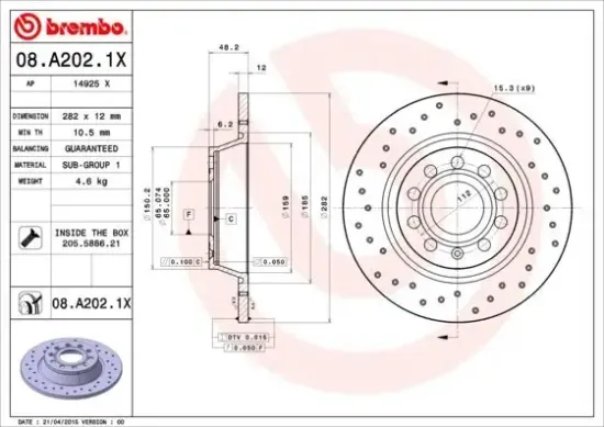 Bremsscheibe Hinterachse BREMBO 08.A202.1X Bild Bremsscheibe Hinterachse BREMBO 08.A202.1X
