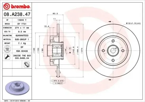 Bremsscheibe Hinterachse BREMBO 08.A238.47 Bild Bremsscheibe Hinterachse BREMBO 08.A238.47