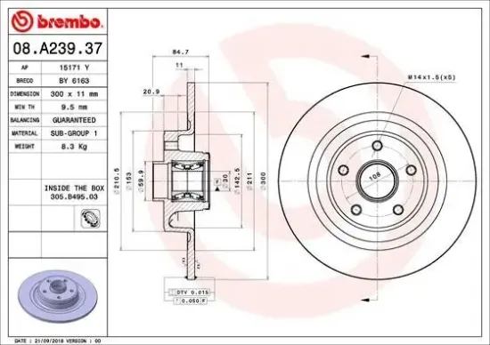 Bremsscheibe Hinterachse BREMBO 08.A239.37 Bild Bremsscheibe Hinterachse BREMBO 08.A239.37