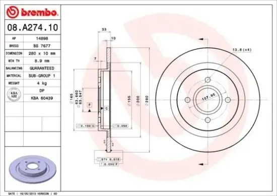 Bremsscheibe Hinterachse BREMBO 08.A274.10 Bild Bremsscheibe Hinterachse BREMBO 08.A274.10