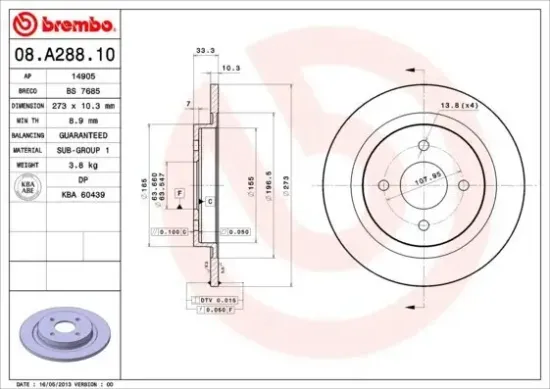 Bremsscheibe Hinterachse BREMBO 08.A288.10 Bild Bremsscheibe Hinterachse BREMBO 08.A288.10