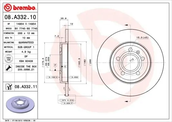 Bremsscheibe Hinterachse BREMBO 08.A332.11