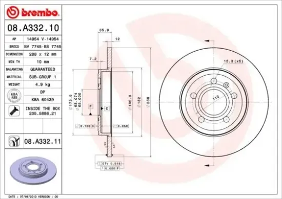 Bremsscheibe Hinterachse BREMBO 08.A332.11 Bild Bremsscheibe Hinterachse BREMBO 08.A332.11