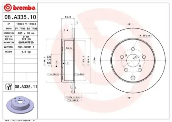 Bremsscheibe Hinterachse BREMBO 08.A335.11 Bild Bremsscheibe Hinterachse BREMBO 08.A335.11