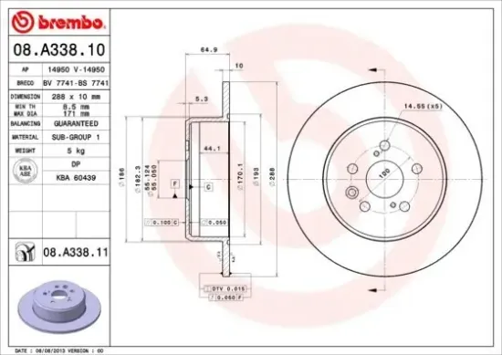 Bremsscheibe Hinterachse BREMBO 08.A338.11 Bild Bremsscheibe Hinterachse BREMBO 08.A338.11
