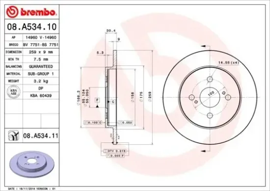 Bremsscheibe Hinterachse BREMBO 08.A534.11 Bild Bremsscheibe Hinterachse BREMBO 08.A534.11
