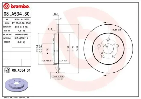 Bremsscheibe Hinterachse BREMBO 08.A534.31 Bild Bremsscheibe Hinterachse BREMBO 08.A534.31