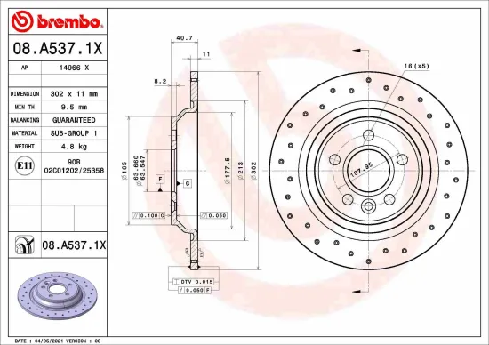 Bremsscheibe Hinterachse BREMBO 08.A537.1X Bild Bremsscheibe Hinterachse BREMBO 08.A537.1X