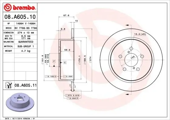 Bremsscheibe Hinterachse BREMBO 08.A605.11