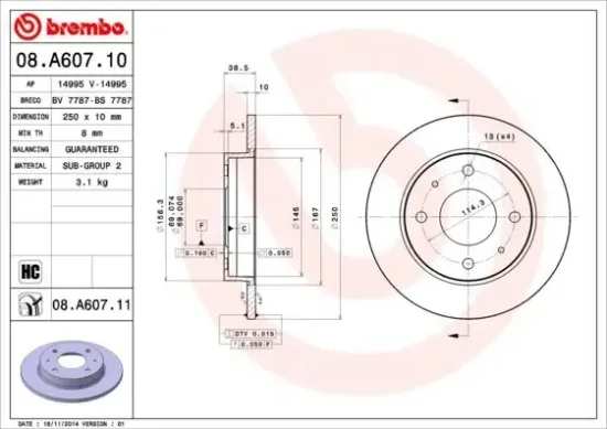 Bremsscheibe BREMBO 08.A607.11 Bild Bremsscheibe BREMBO 08.A607.11